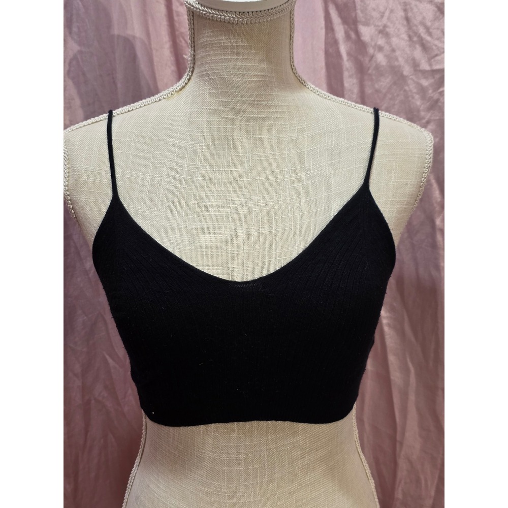 Black Ribbed Spaghetti Strap Crop Tank Top Women's Size Small Viscose natural - Picture 2 of 4